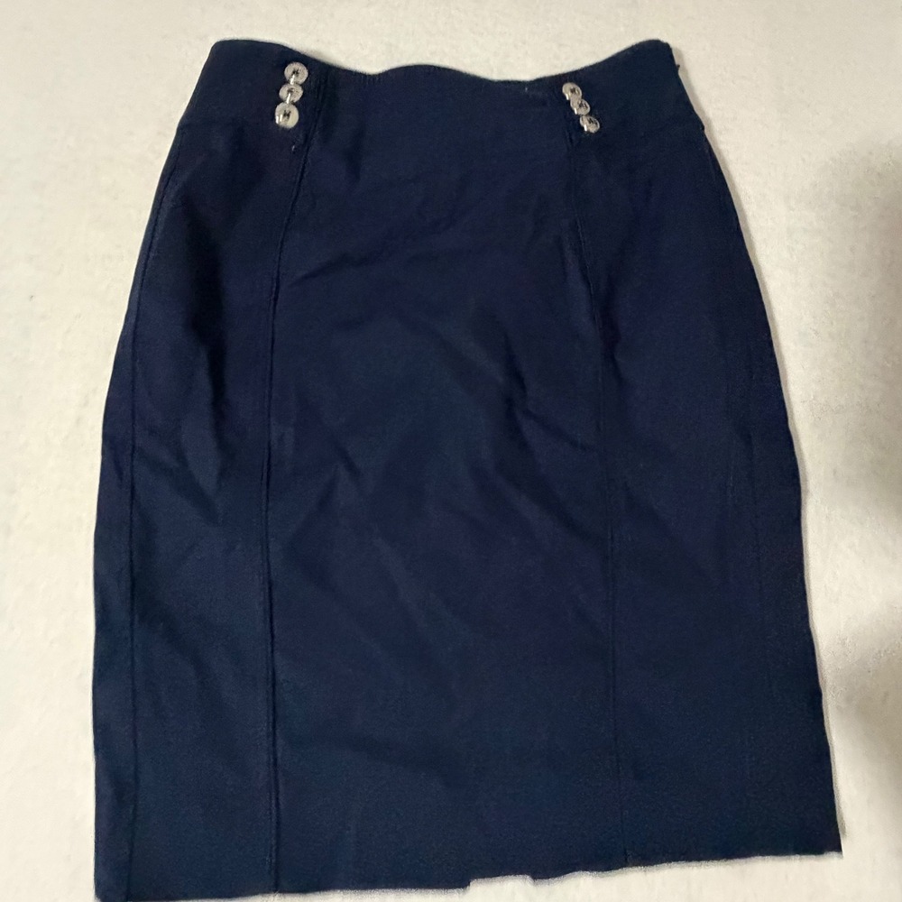 White House Black Market Perfect Form Navy Blue Button Pencil Skirt Size 00